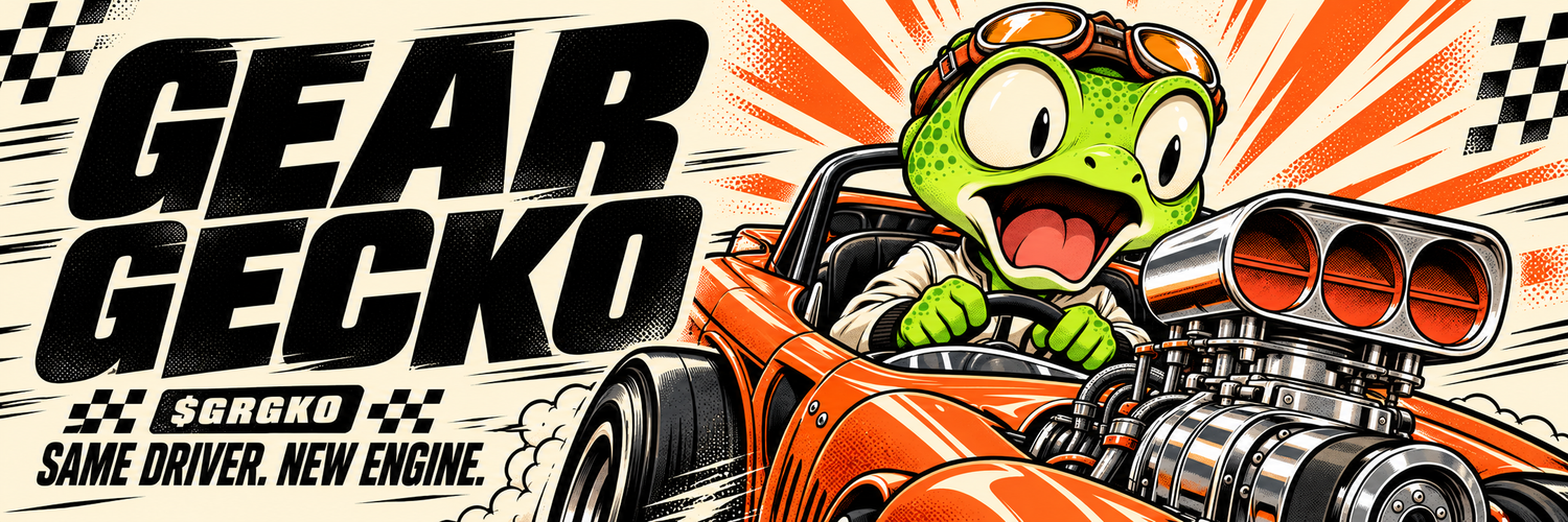 Gear Gecko street racing banner featuring the shocked green gecko and his orange car with an enormous new engine.